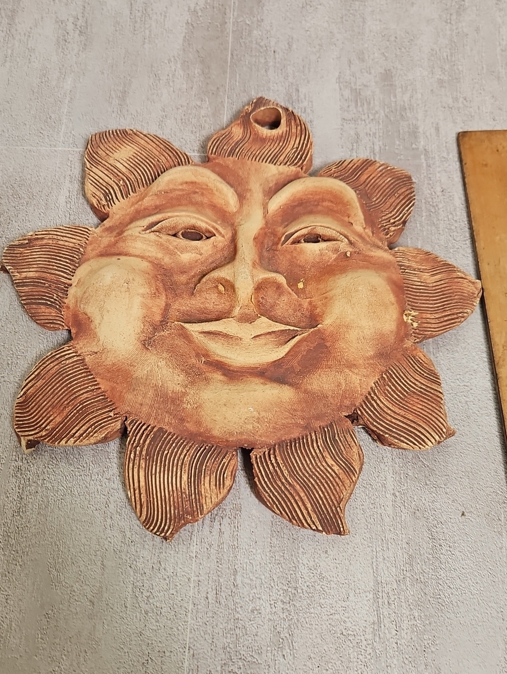VTG Earth N Works Stoneware Pottery Sun Face Wall Hanging | Signed Jacque
